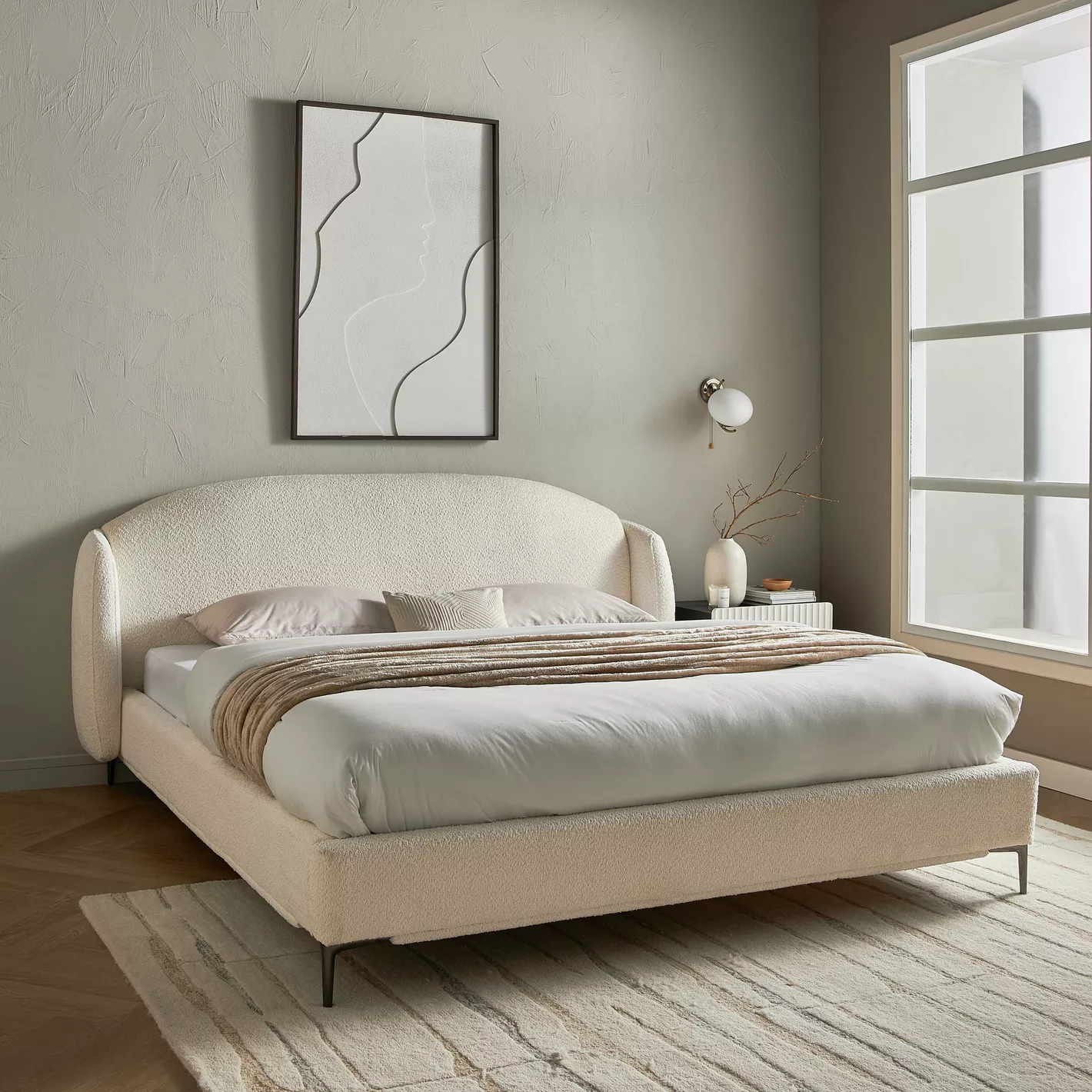 Moon Queen Size Upholstered Bed – Ivory | Wooden Karigar - Image 2