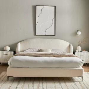 Moon Queen Size Upholstered Bed in Ivory Fabric by Wooden Karigar