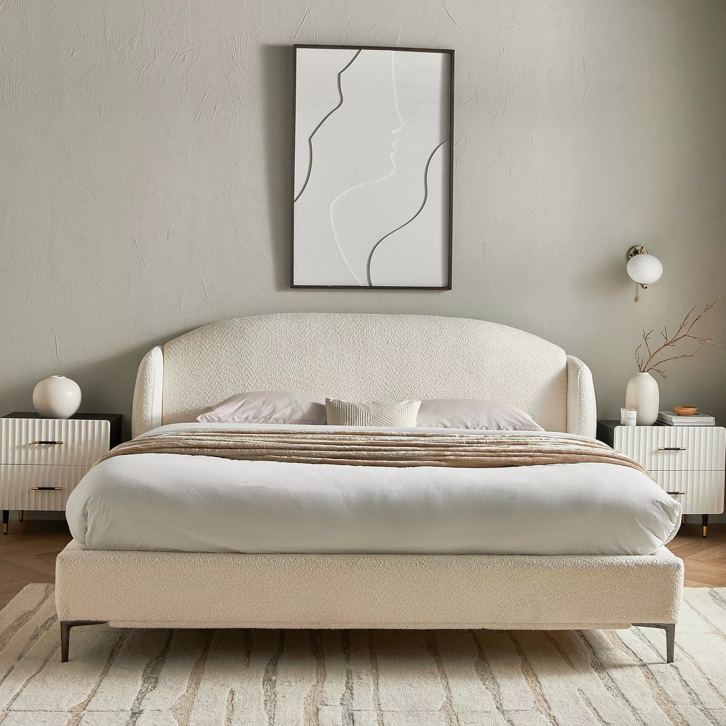 Moon Queen Size Upholstered Bed in Ivory Fabric by Wooden Karigar