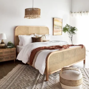 Anasa Queen Size Upholstered Bed in Grey and Walnut by Wooden Karigar
