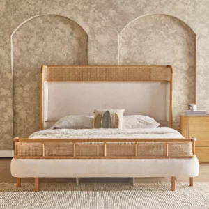 Anasa Queen Bed with Rattan Accents and Beige Upholstered Headboard by Wooden Karigar