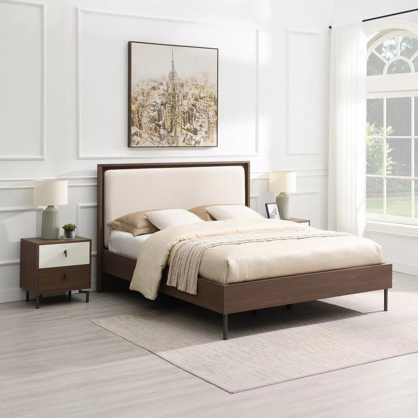 Zen Queen Size Upholstered Bed – Grey & Walnut | Wooden Karigar - Image 2