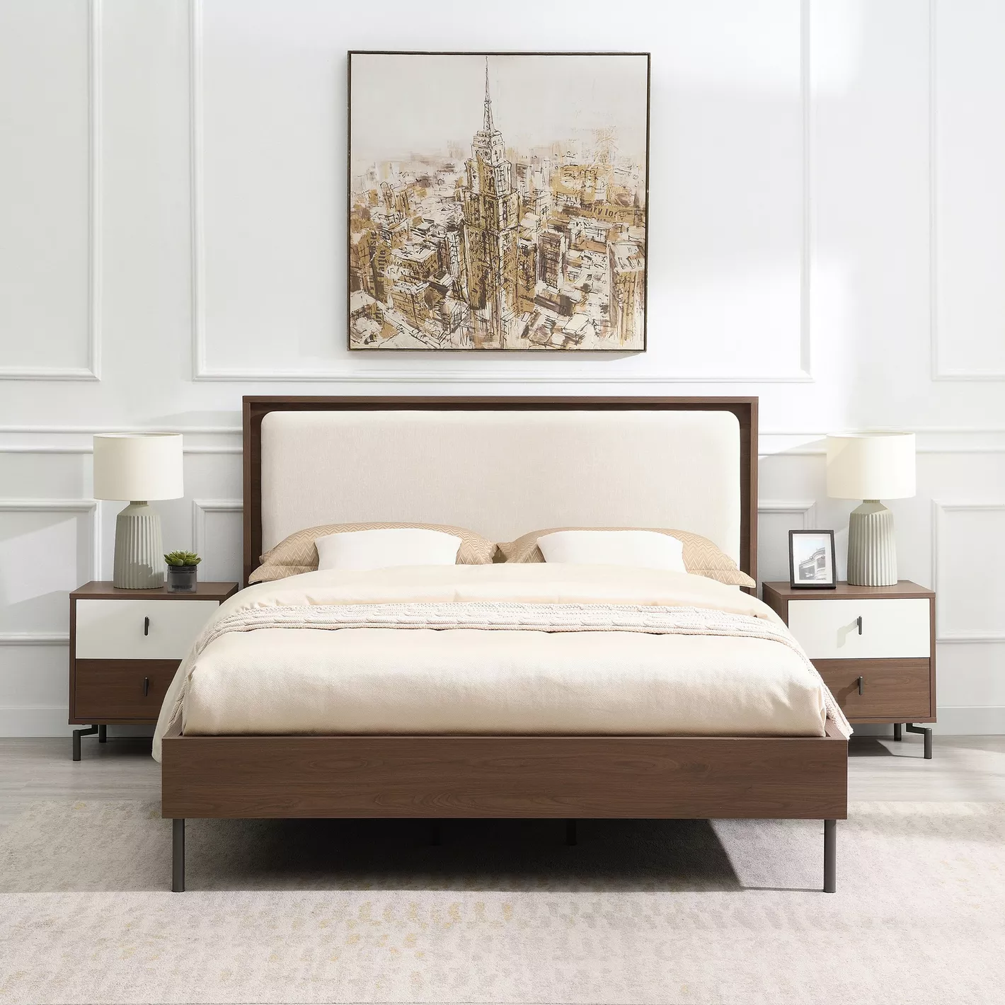Zen Queen Size Upholstered Bed in Grey and Walnut by Wooden Karigar