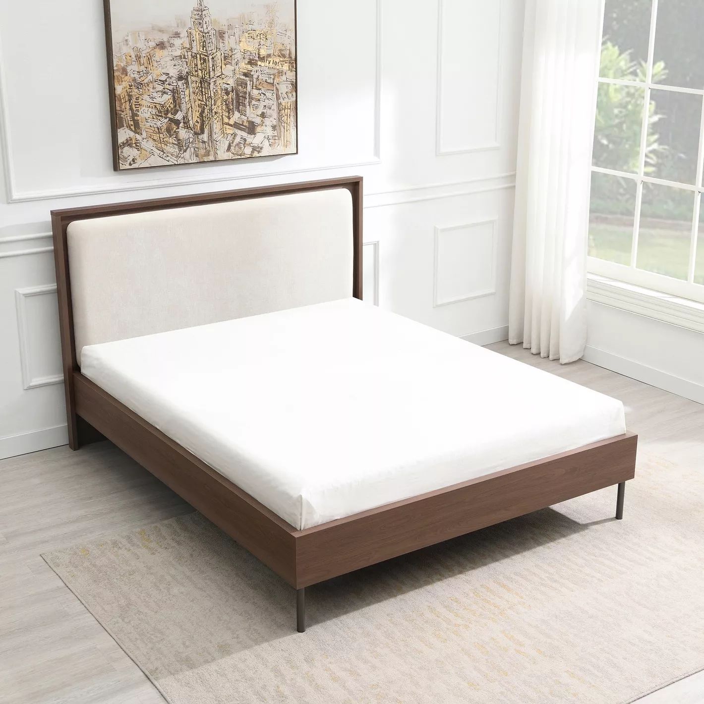 Zen Queen Size Upholstered Bed – Grey & Walnut | Wooden Karigar - Image 3