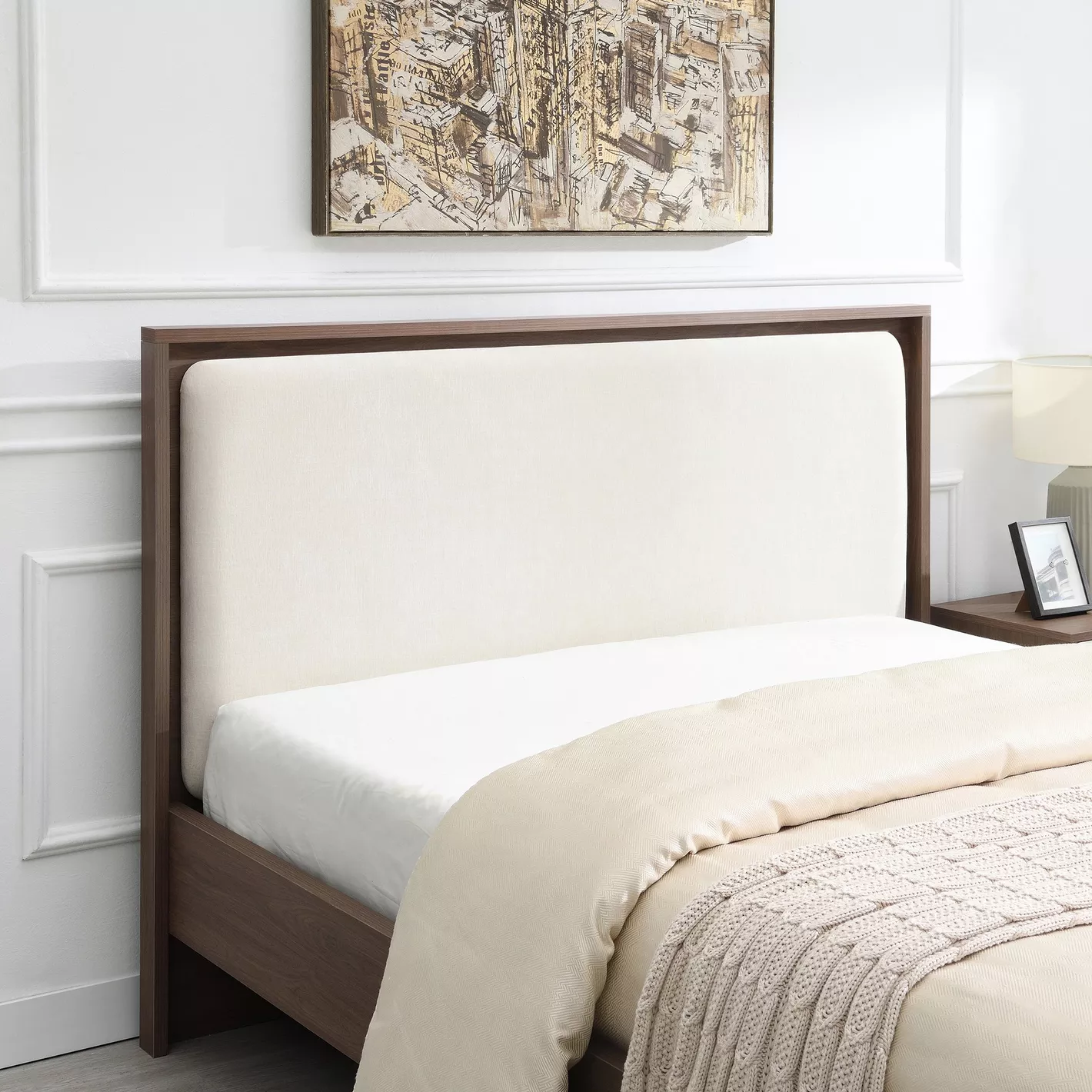 Zen Queen Size Upholstered Bed – Grey & Walnut | Wooden Karigar - Image 4