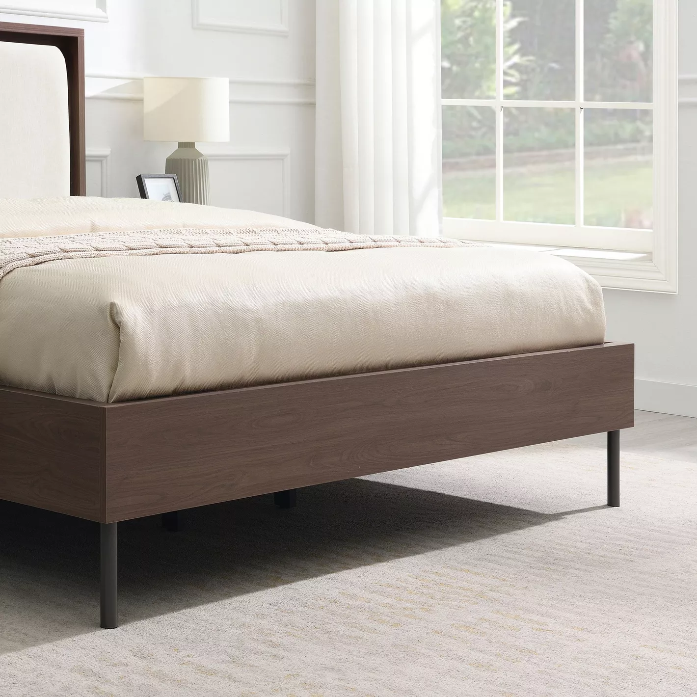 Zen Queen Size Upholstered Bed – Grey & Walnut | Wooden Karigar - Image 5