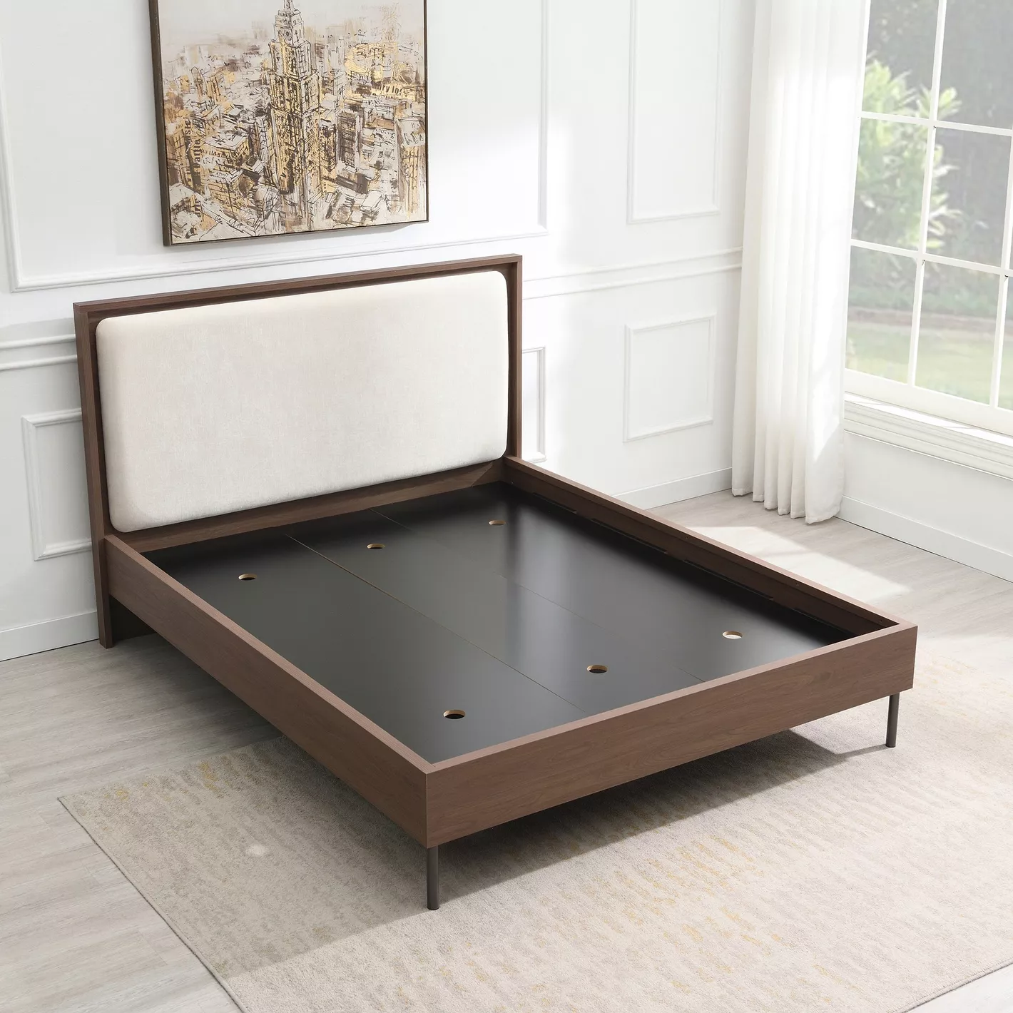 Zen Queen Size Upholstered Bed – Grey & Walnut | Wooden Karigar - Image 7