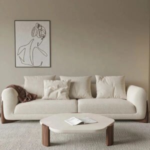Eder 3-Seater Bouclé and Walnut Wood Sofa by Wooden Karigar