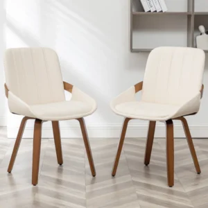 Soren Swivel Dining Chair in Walnut and Cream Faux Leather by Wooden Karigar