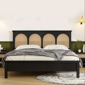 Aston Solid Wood and Rattan King Size Bed in Matte Black by Wooden Karigar