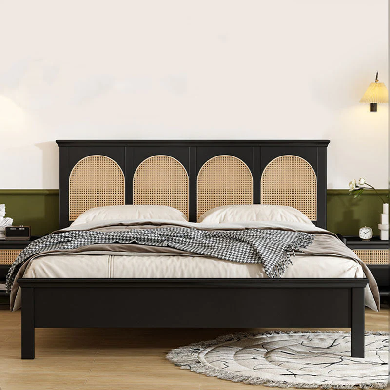 Aston Solid Wood and Rattan King Size Bed in Matte Black by Wooden Karigar