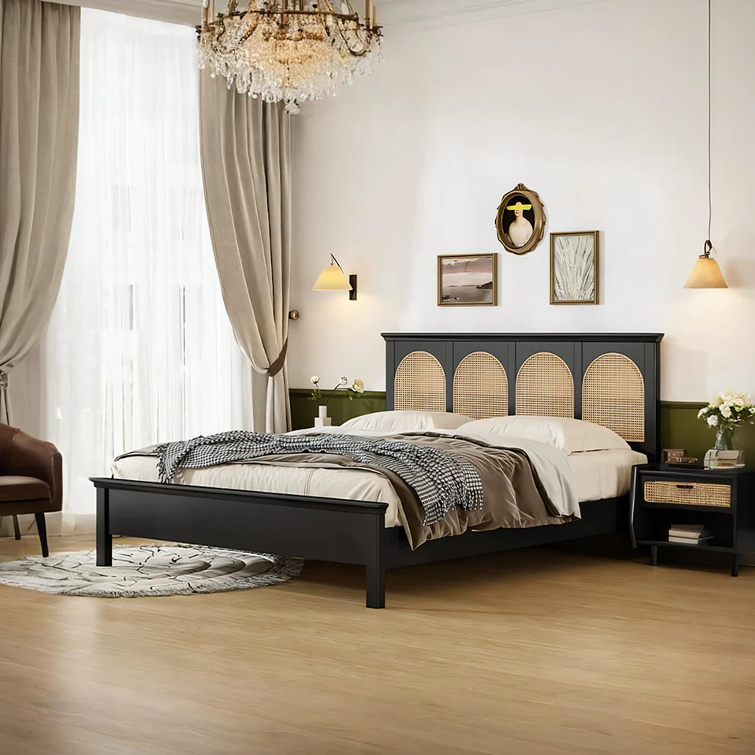 Aston Solid Wood & Rattan King Size Bed – Matte Black | Wooden Karigar - Image 4
