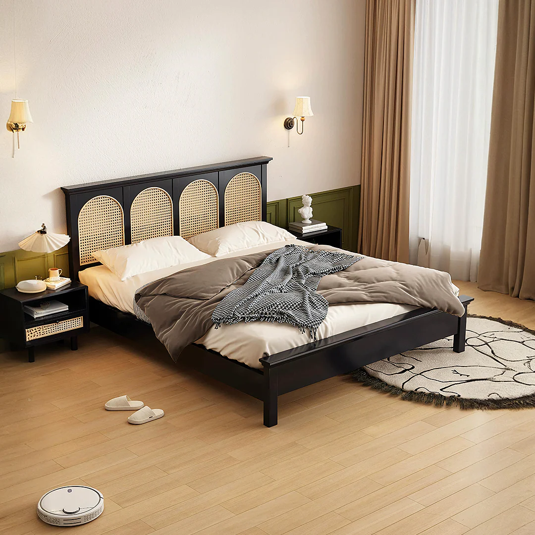 Aston Solid Wood & Rattan King Size Bed – Matte Black | Wooden Karigar - Image 3