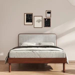 Anders Queen Upholstered Platform Bed in Walnut and Light Grey by Wooden Karigar