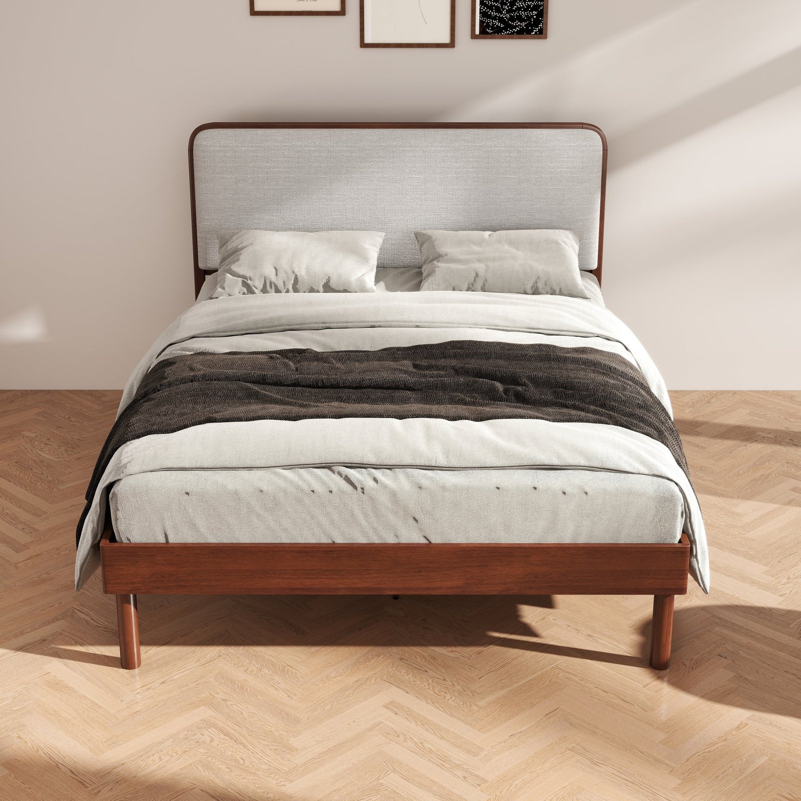 Anders Queen Upholstered Platform Bed – Walnut & Light Grey | Wooden Karigar - Image 2