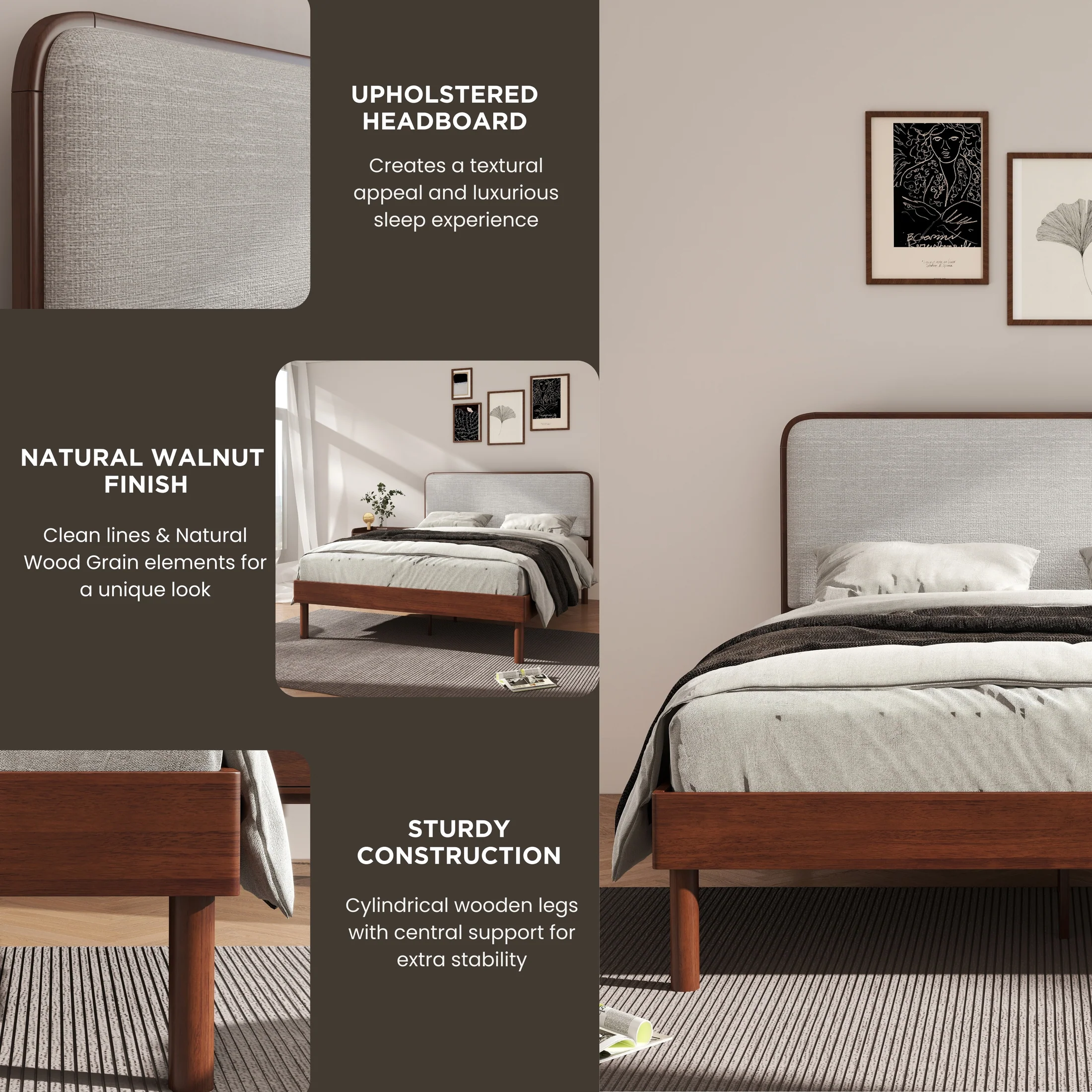 Anders Queen Upholstered Platform Bed – Walnut & Light Grey | Wooden Karigar - Image 3