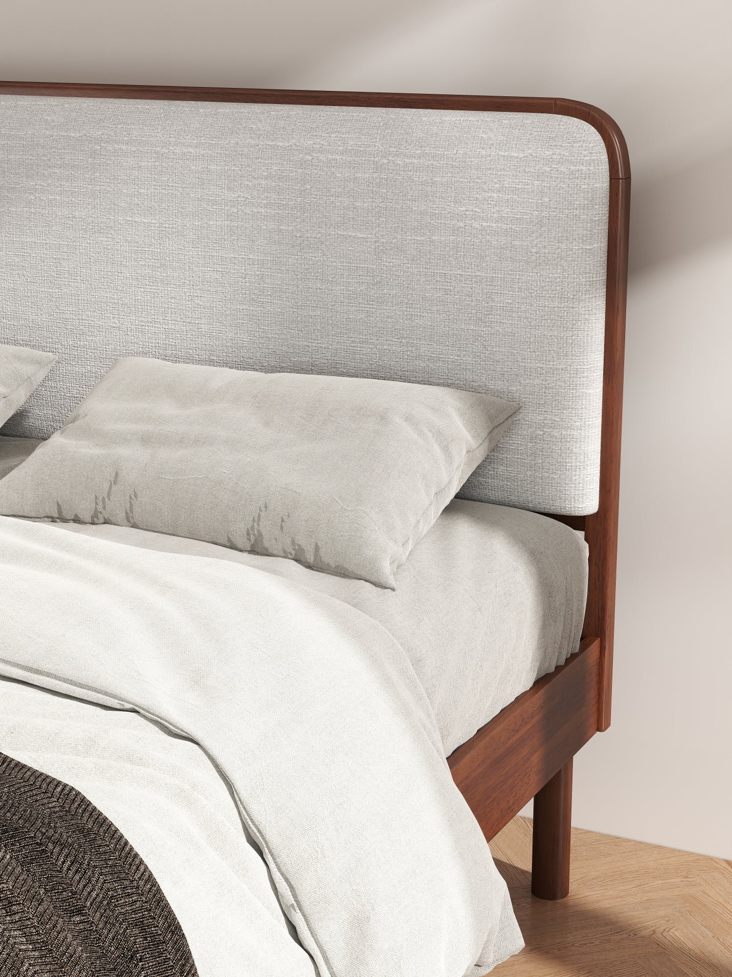 Anders Queen Upholstered Platform Bed – Walnut & Light Grey | Wooden Karigar - Image 4