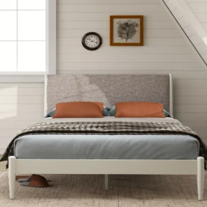 Sutton Queen Upholstered Platform Bed in Cream White and Taupe Heather by Wooden Karigar