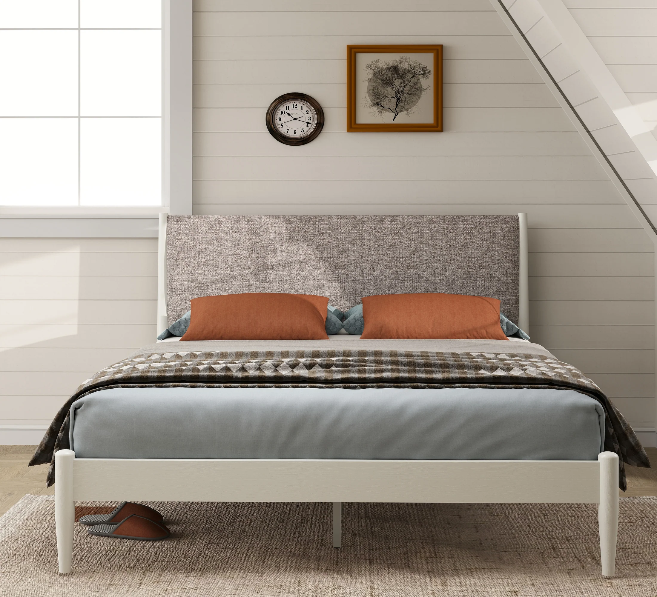 Sutton Queen Upholstered Platform Bed in Cream White and Taupe Heather by Wooden Karigar