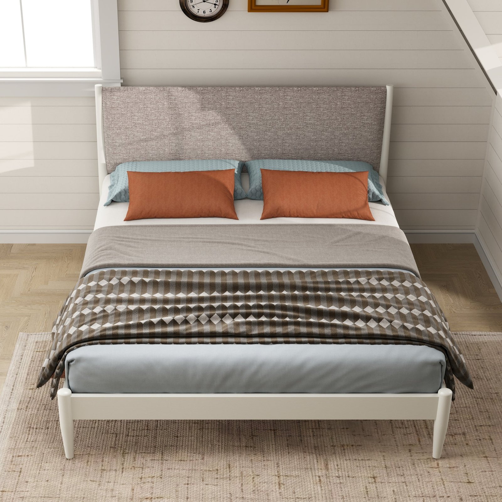 Sutton Queen Upholstered Platform Bed – Cream White & Taupe Heather | Wooden Karigar - Image 2