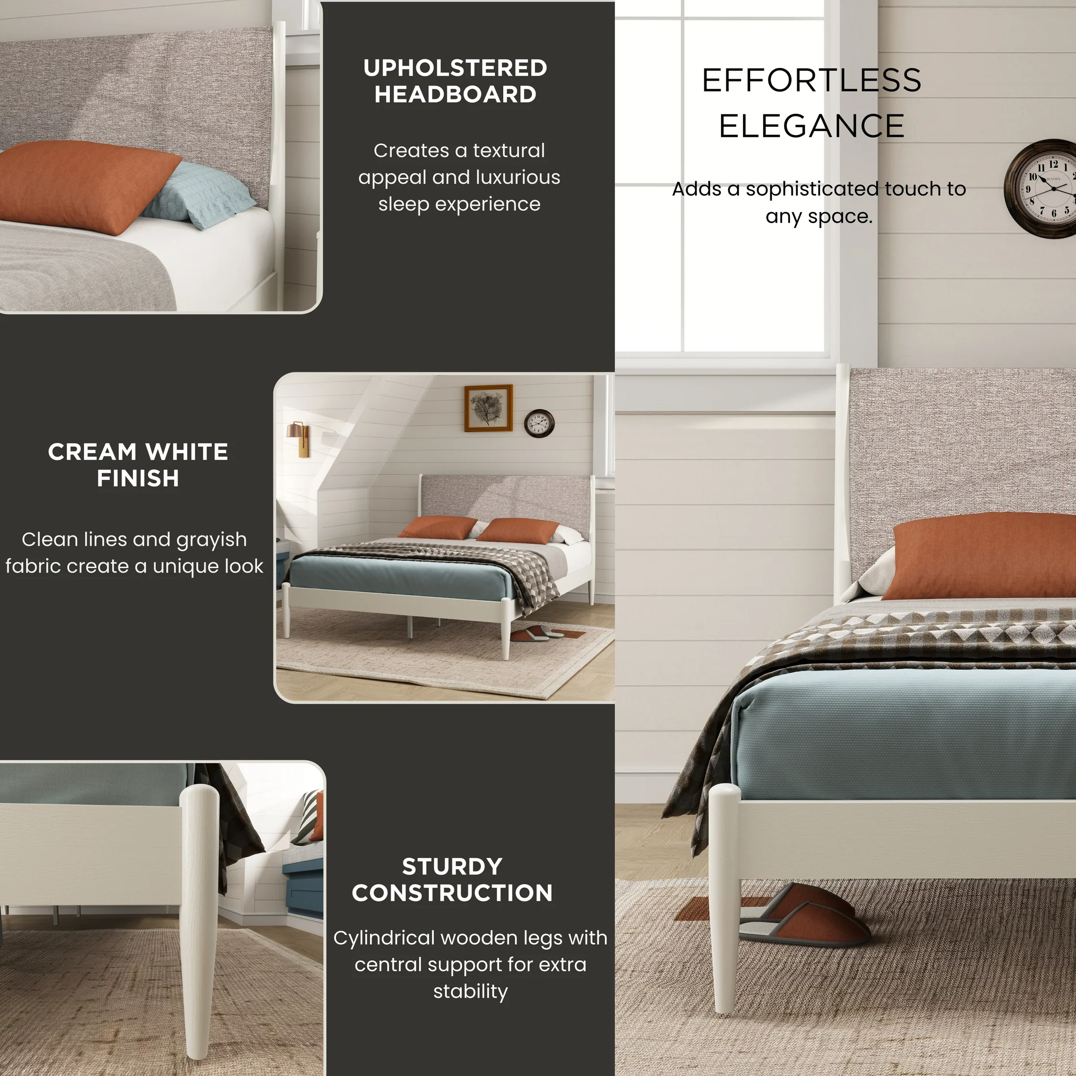 Sutton Queen Upholstered Platform Bed – Cream White & Taupe Heather | Wooden Karigar - Image 3