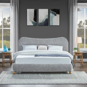 Orla Sculpted King Size Platform Bed in Heather Grey Fabric by Wooden Karigar