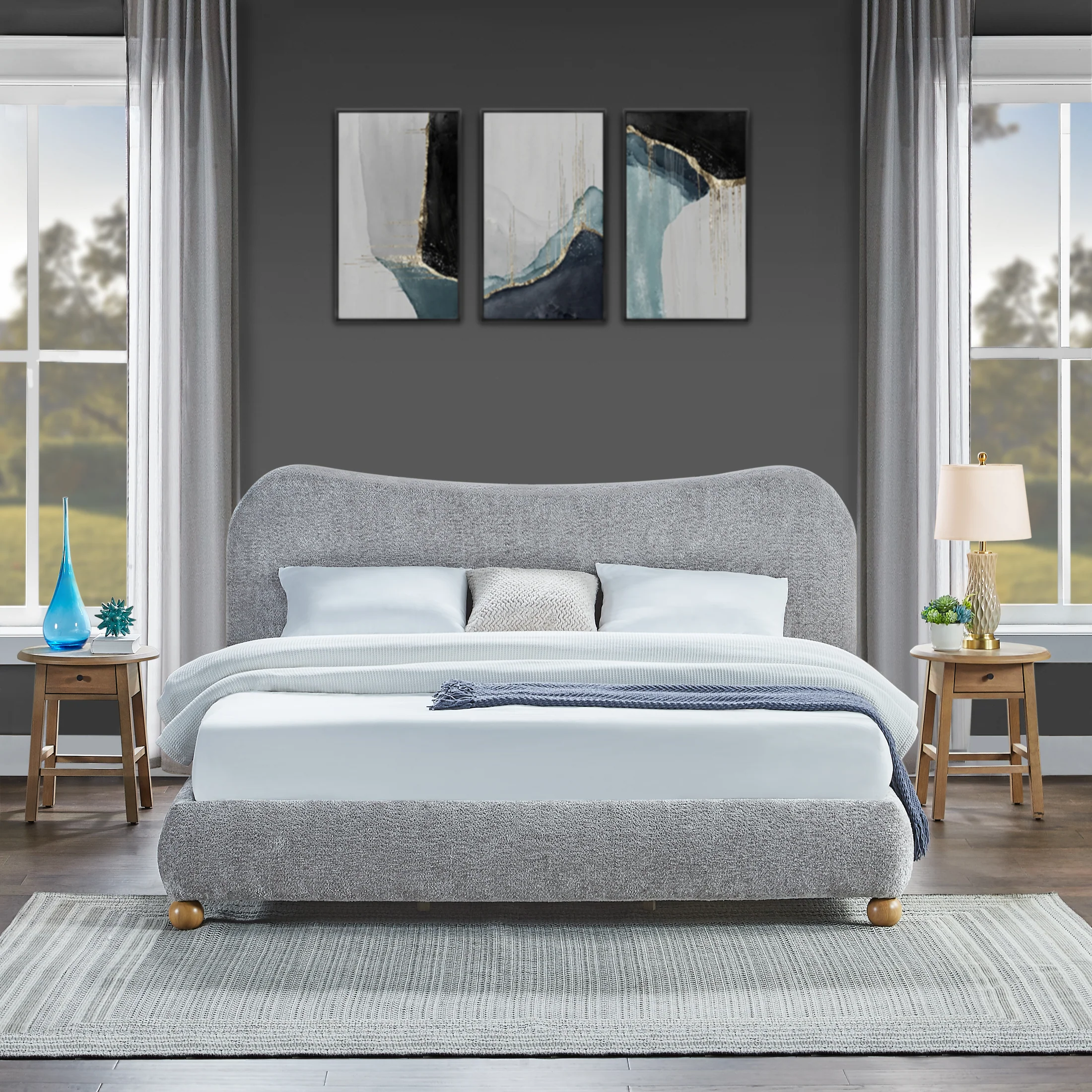 Orla Sculpted King Size Platform Bed in Heather Grey Fabric by Wooden Karigar