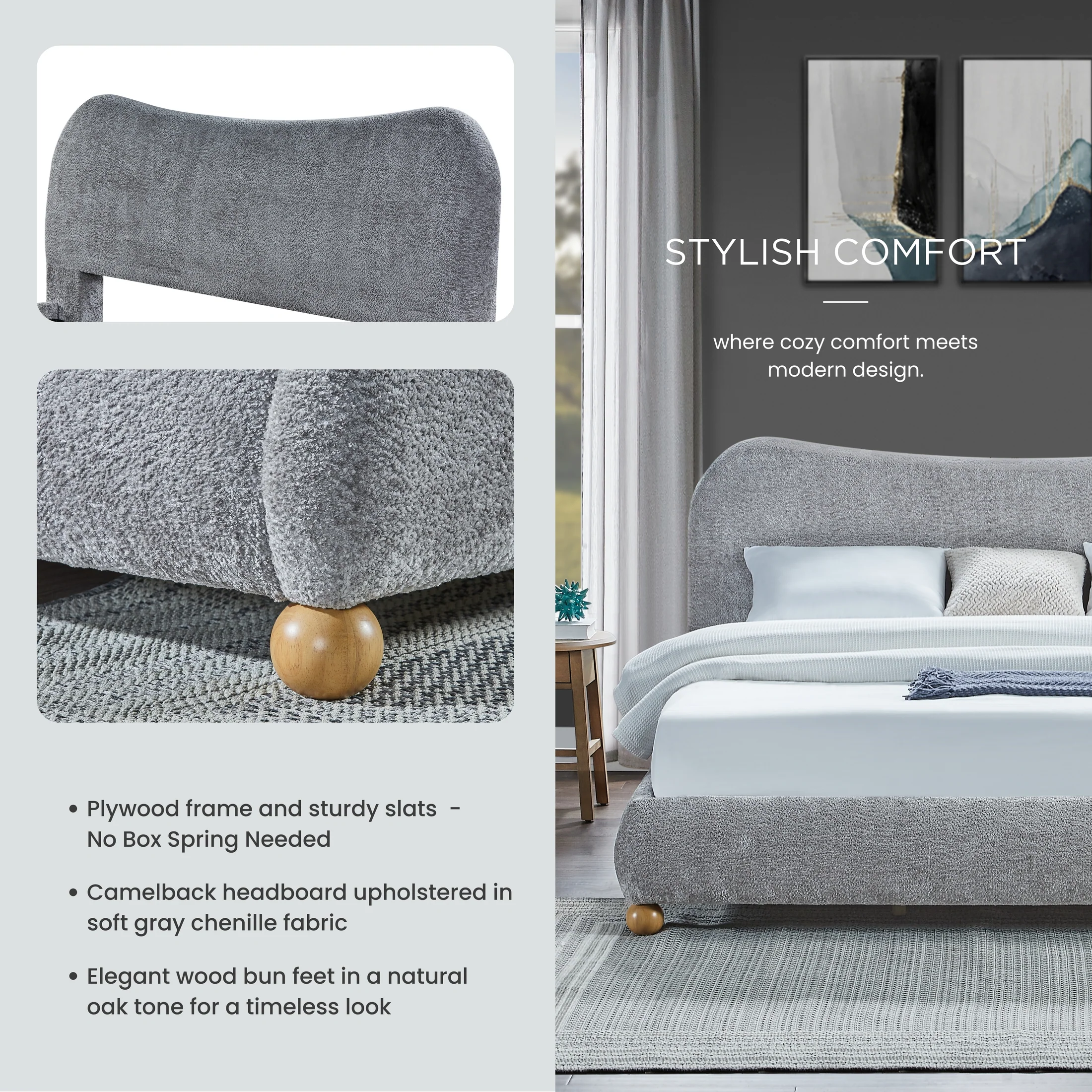 Orla Sculpted King Size Platform Bed – Heather Grey | Wooden Karigar - Image 4