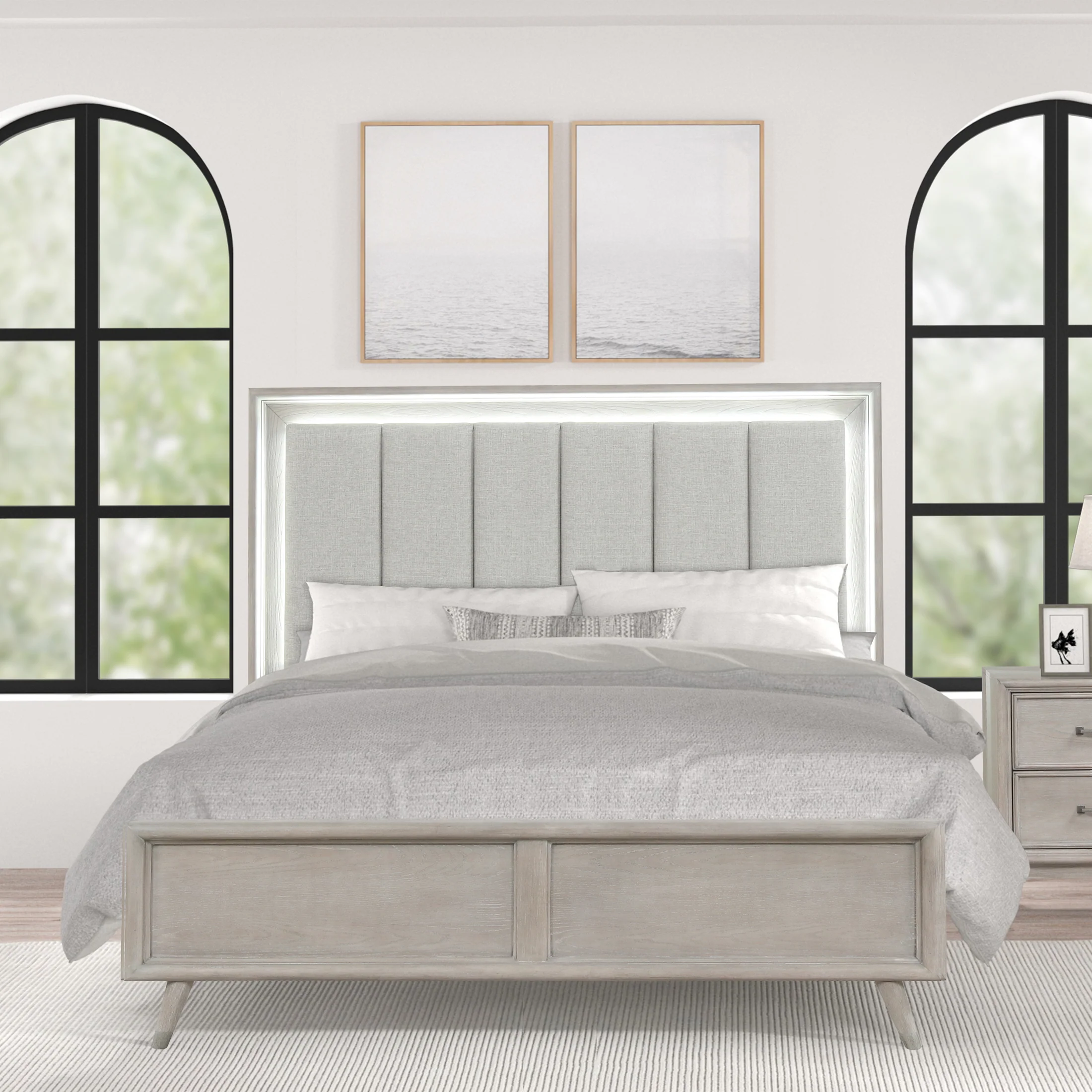 Lumina LED Upholstered King Panel Bed in Light Washed Oak by Wooden Karigar