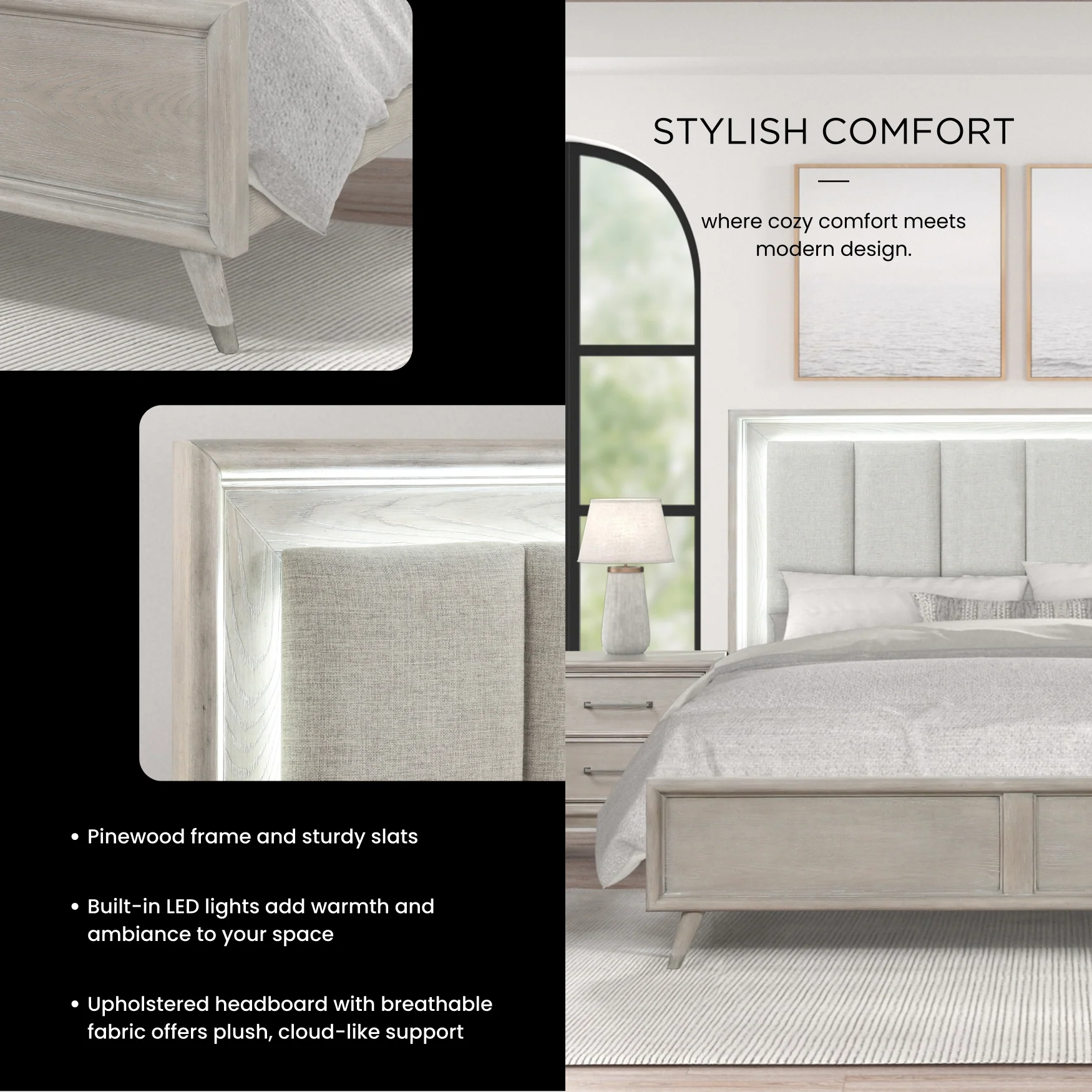 Lumina LED Upholstered King Size Panel Bed – Light Washed Oak | Wooden Karigar - Image 5