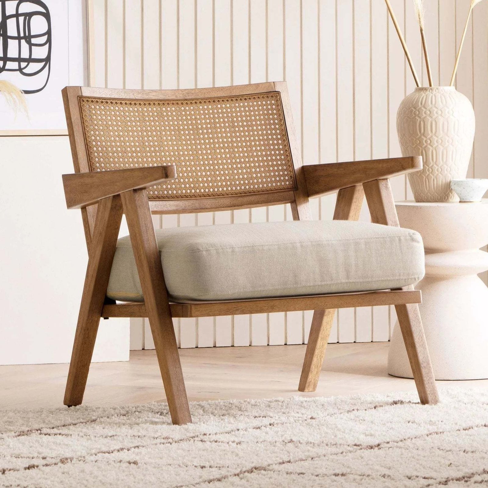 Safaro Solid Wood and Natural Rattan Lounge Chair by Wooden Karigar