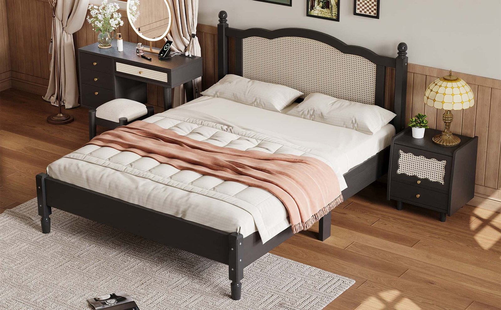 Cooper Solid Wood & Natural Rattan King Size Bed – Matte Black & Natural | Wooden Karigar - Image 2