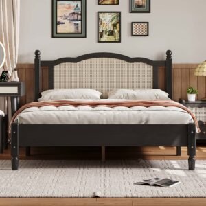 Cooper Solid Wood and Natural Rattan King Size Bed in Matte Black by Wooden Karigar
