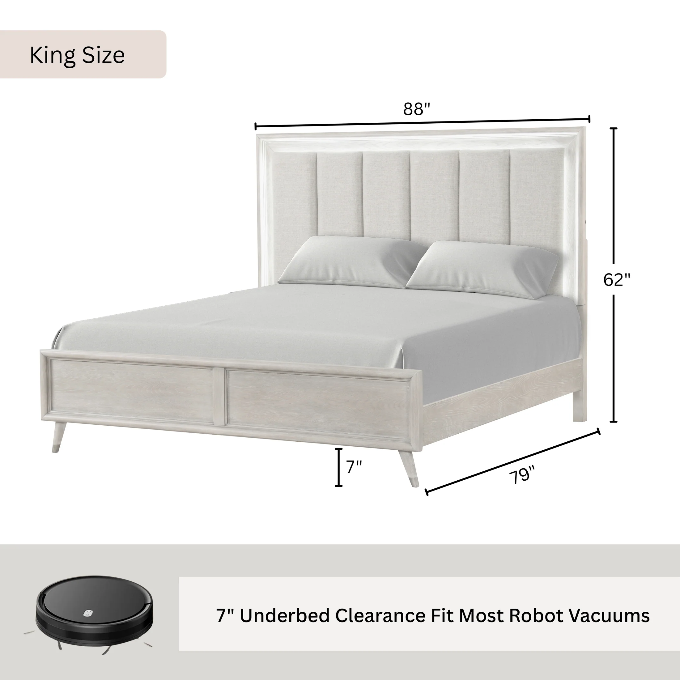 Lumina LED Upholstered King Size Panel Bed – Light Washed Oak | Wooden Karigar - Image 8
