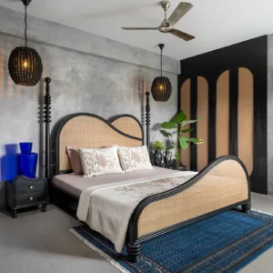 Eclipse Solid Wood and Natural Rattan Bed in Matte Black Finish by Wooden Karigar