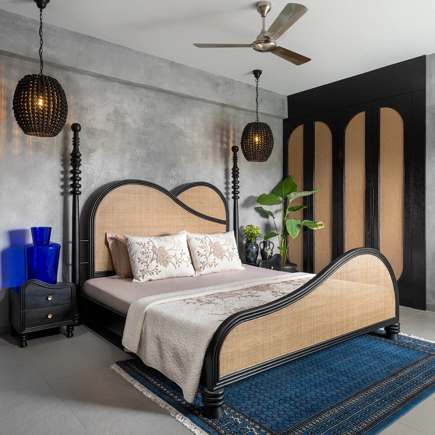 Eclipse Solid Wood and Natural Rattan Bed in Matte Black Finish by Wooden Karigar