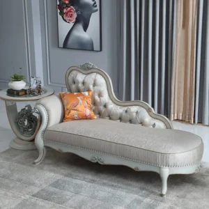 Victorian Grace Hand-Carved Solid Wood Chaise Lounge in Silver Grey and Antique White by Wooden Karigar