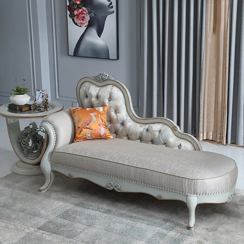 Victorian Grace Hand-Carved Solid Wood Chaise Lounge in Silver Grey and Antique White by Wooden Karigar