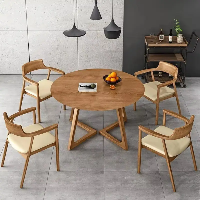 Akari Sculptural Round 4-Seater Solid Wood Dining Set in Natural Oak and Cream by Wooden Karigar