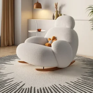 Nimbus Cream Bouclé Cloud Rocking Chair with Natural Oak Wood Rockers by Wooden Karigar
