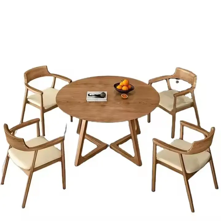 Akari Sculptural Round 4-Seater Dining Set – Natural Oak & Cream | Wooden Karigar - Image 6