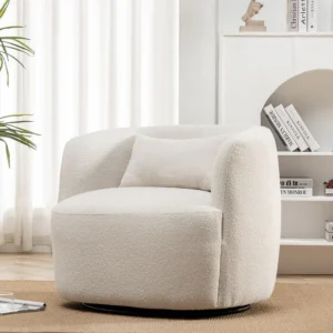Kinwell Cream Bouclé Barrel Armchair with Solid Wood Frame by Wooden Karigar