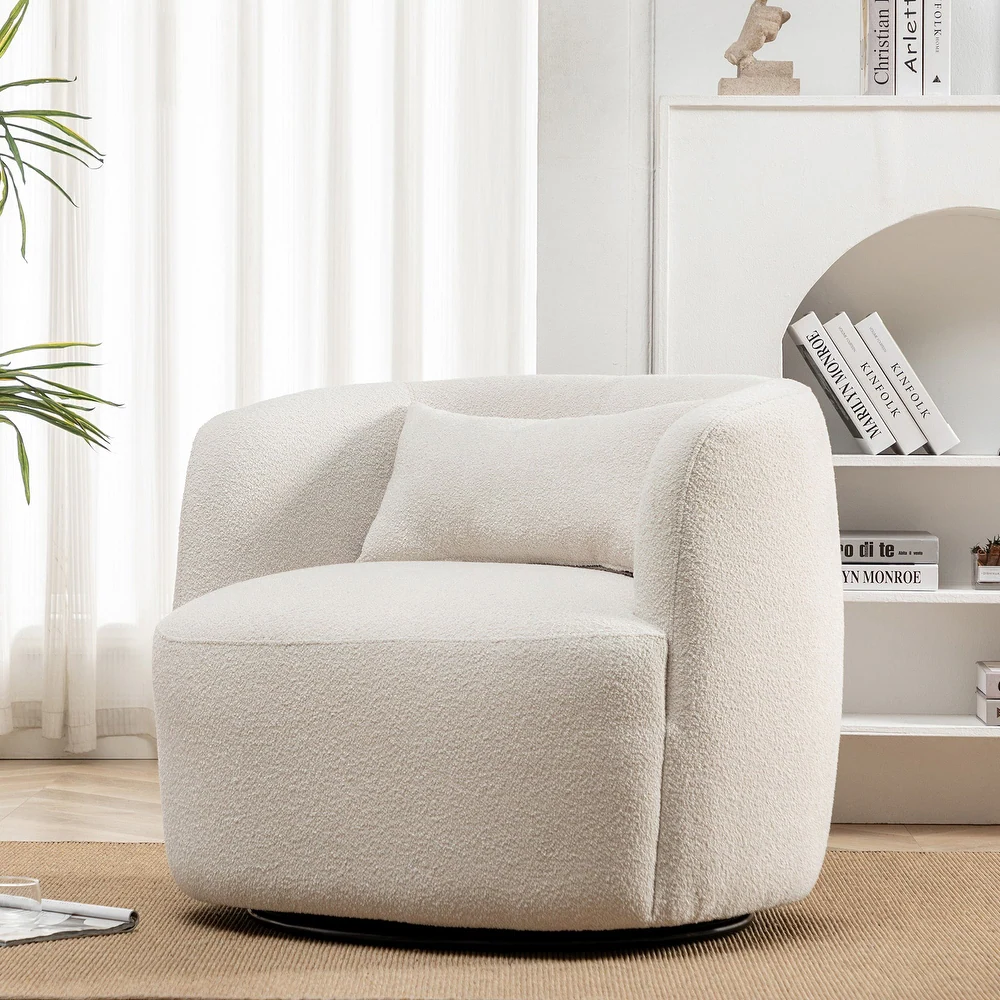 Kinwell Cream Bouclé Barrel Armchair with Solid Wood Frame by Wooden Karigar