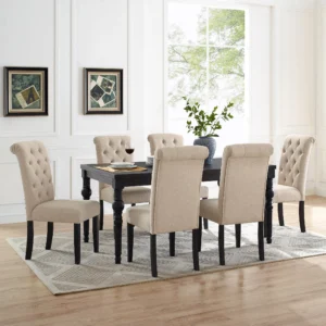 Covington 6-Seater Solid Wood Dining Set with Beige Tufted Chairs in Black Espresso by Wooden Karigar