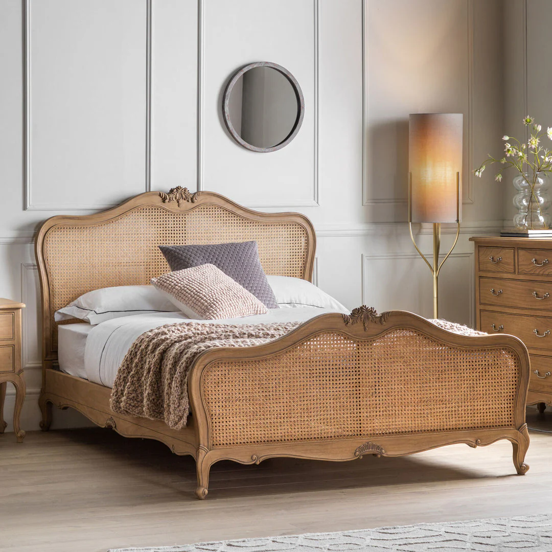 Victoria Solid Wood Bed with Natural Rattan Detailing by Wooden Karigar