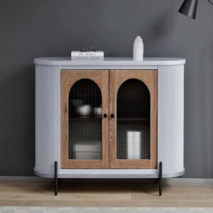 White Arched Mango Wood Cabinet with Glass Doors by Wooden Karigar