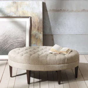 Harrison Tufted Oval Ottoman in Beige Linen Weave with Espresso Wood Legs by Wooden Karigar