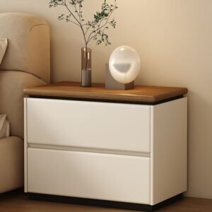 Silva Two-Drawer Solid Wood Nightstand with Walnut Top and Ivory Matte Body by Wooden Karigar