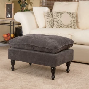 Everett Tufted Cushion Ottoman in Charcoal Chenille with Espresso Wood Legs by Wooden Karigar