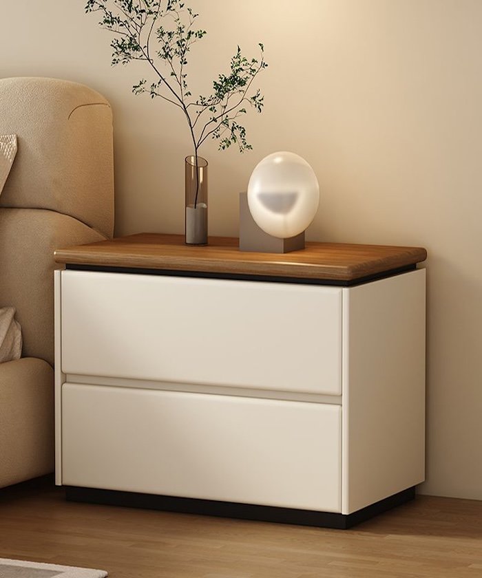 Silva Two-Drawer Solid Wood Nightstand with Walnut Top and Ivory Matte Body by Wooden Karigar